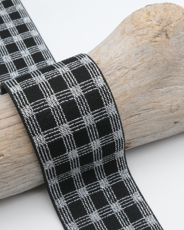 Elastique Lurex Design 40MM Carré Argent Et Noir - Maison Klem